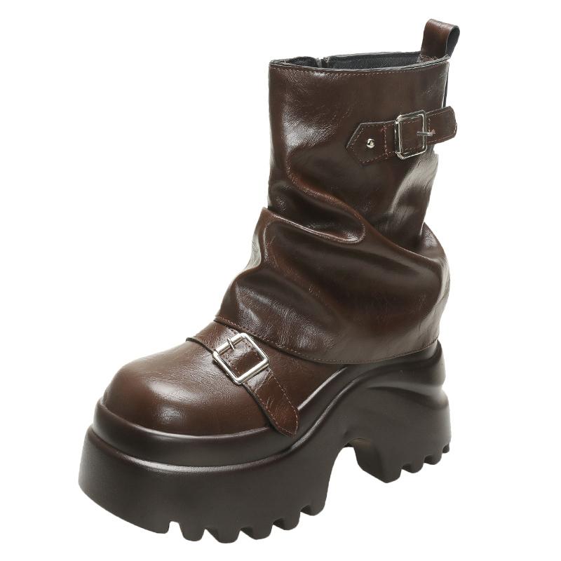 Fashion Women Leather Boots New Winter Motorcycle Boots 9.5CM Wedge Heels High Platform Chunky Shoes Woman Autumn Thick Sole Punk Boots