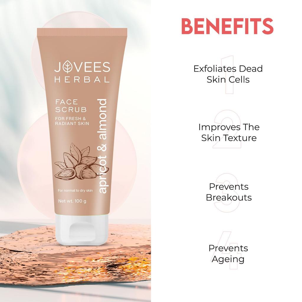 Jovees Herbal Apricot & Almond Face Scrub 100g | Gentle Exfoliation For Dry Skin | Anti Pigmentation & Tan Removal | Smooth Glowing Clear Complexion
