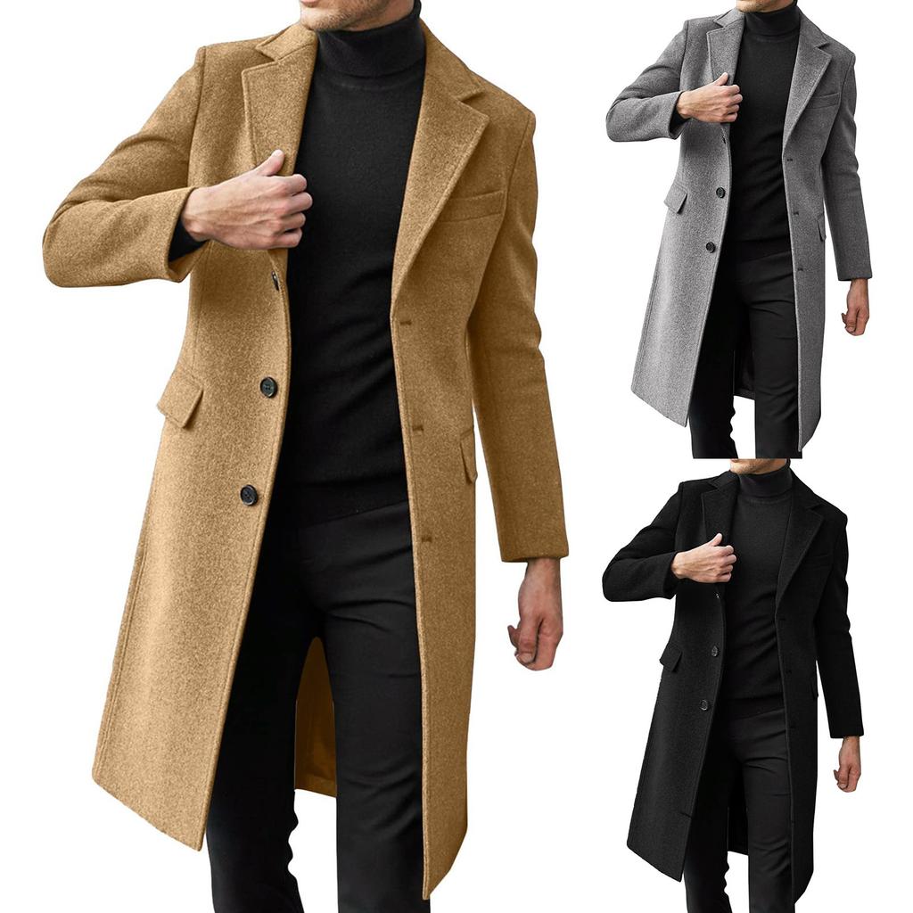 Mens Single Breasted Trench Coat Winter Wool Blend Oversized Warm Lapel Work Business Jacket Outerwear