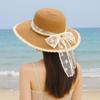 Pearl Chain Wide Brim Straw Hat Breathable UV Protection Cap Sweet Lace Tied Sun Hat Party