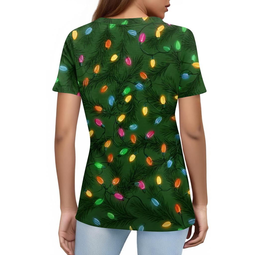Women's Fashionable Casual Short Sleeve Christmas Print Round Neck Pullover Top