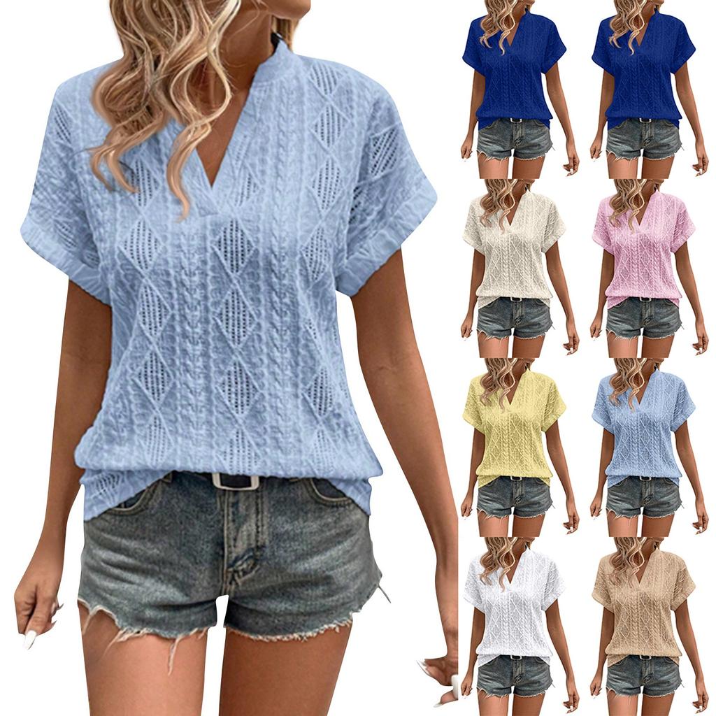 Women's Fashion Solid Color Short Sleeve V Neck Casual Pullover T-shirt Top