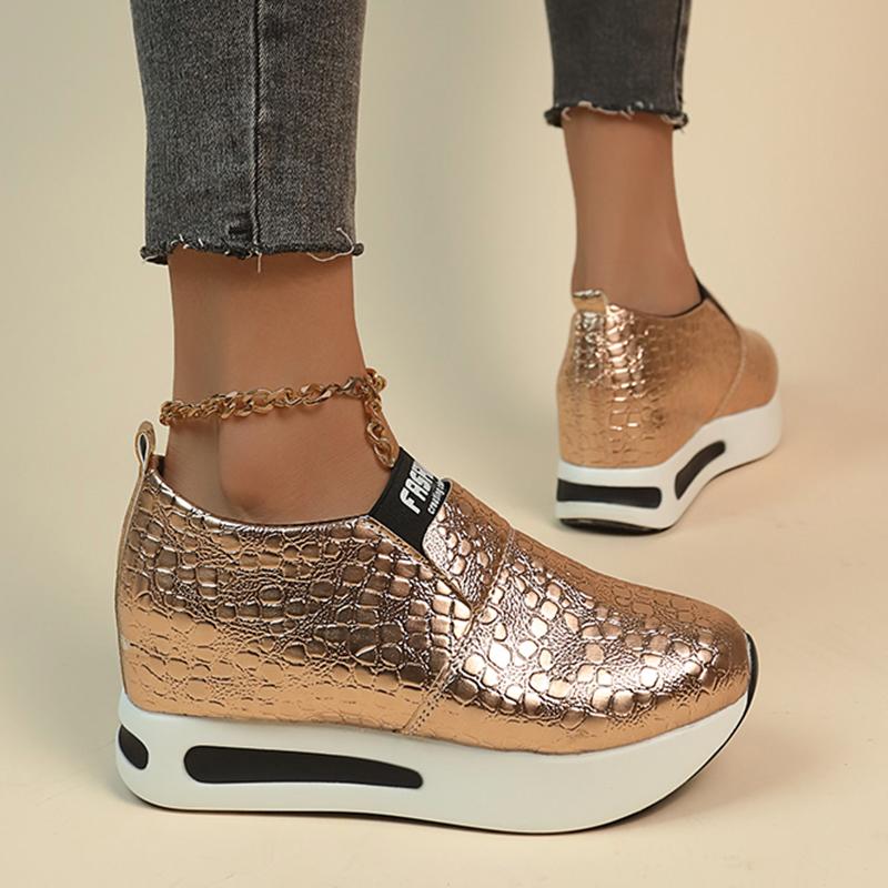 Silver Gold Snake Pattern Sneakers Women 2024 Spring Slip On Height Increase Sneaker Woman Plus Size Pu Leather Loafers Shoes 42