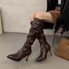 Soft Leather Version! Retro Pleated High-heeled Boots Women's Belt Buckle Pointed But Knee Boots Thin-heeled High Boots