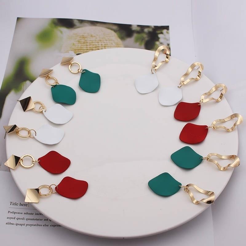 2PCS New Fashion Earrings Ladies Geometric Drop Earrings Punk Metal Earrings Green White Red Jewelry Elegant 3 Colors