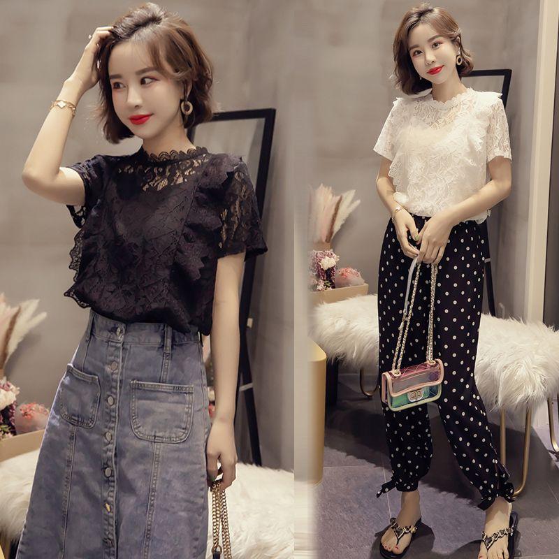 Lace Shirt Women's Summer Korean Version Fairy Style Short Sleeved Hollow Out Small Shirt Temperament Chiffon Top