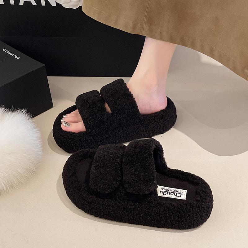 Fairy Wind Thick-soled Fluffy Slippers Female Outer Wear 2025 Autumn and Winter New Parallel Bars High-end Fashion Home Plush Slippers