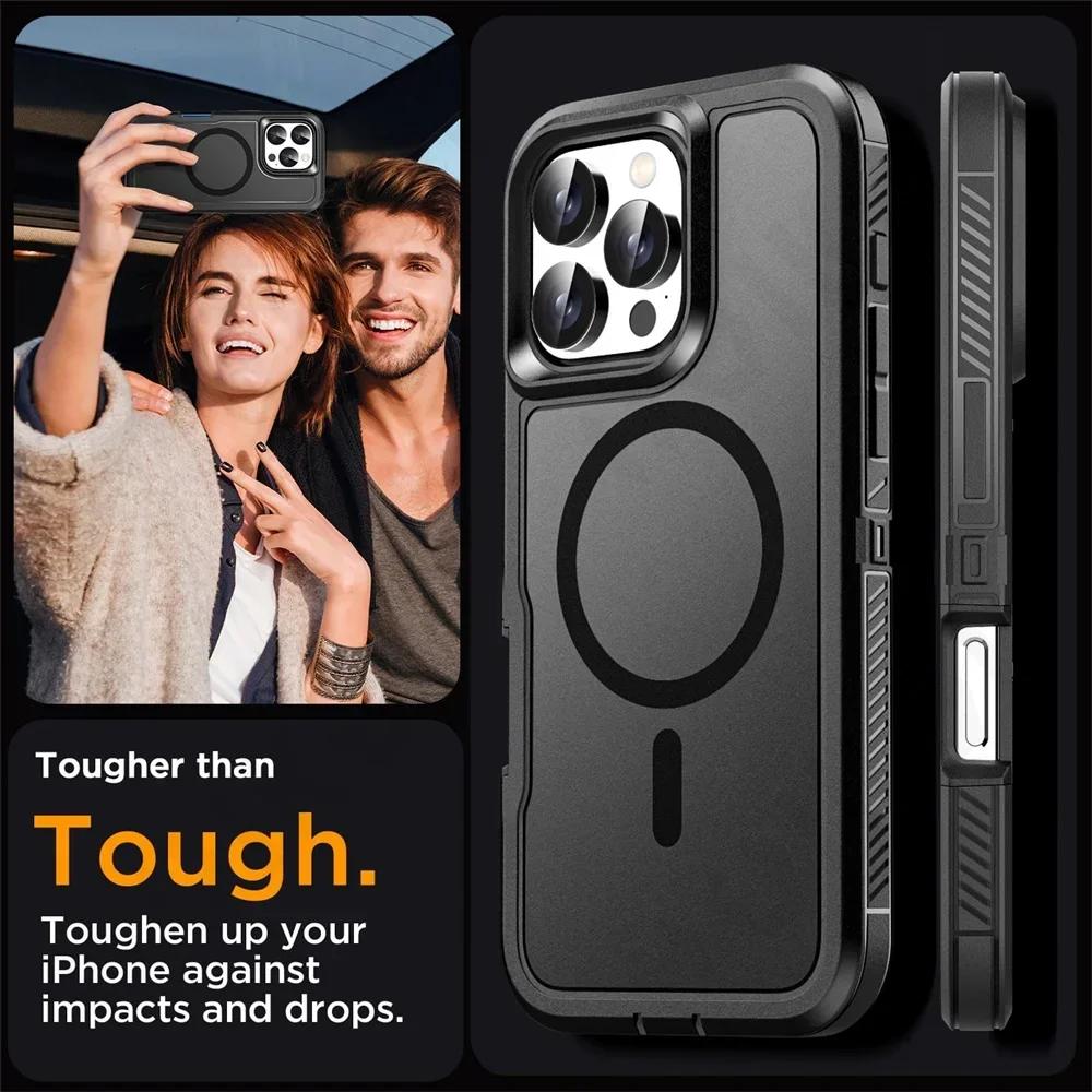 Rugged Armor Case for IPhone 16 15 14 13 12 11 Pro XR Max Plus Magsafe Wireless Charger Heavy Duty Shockproof Anti-Scratch Protective Kickstand Cover