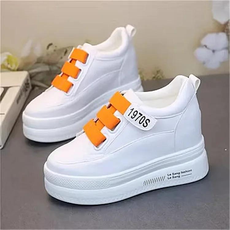 Fashion Genuine Leather Women Plush Platform Sneakers Wedgies Spring Casual Vulcanized Shoes Ladies Thick Bottom Court Sneakers White