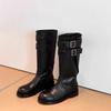 Fashion Metal Belt Buckle Low Heel Mid-Leg Boots Fashion Round Toe Soft Leather Autumn New High Knight Boots for Women