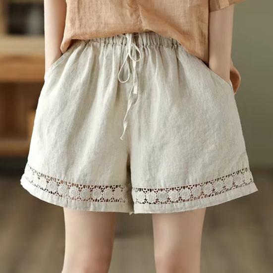Women's Loose Boho Summer Shorts Drawstring Comfy Elastic Waist Shorts High-Waisted Wide-Leg Hollow Floral Lace Shorts