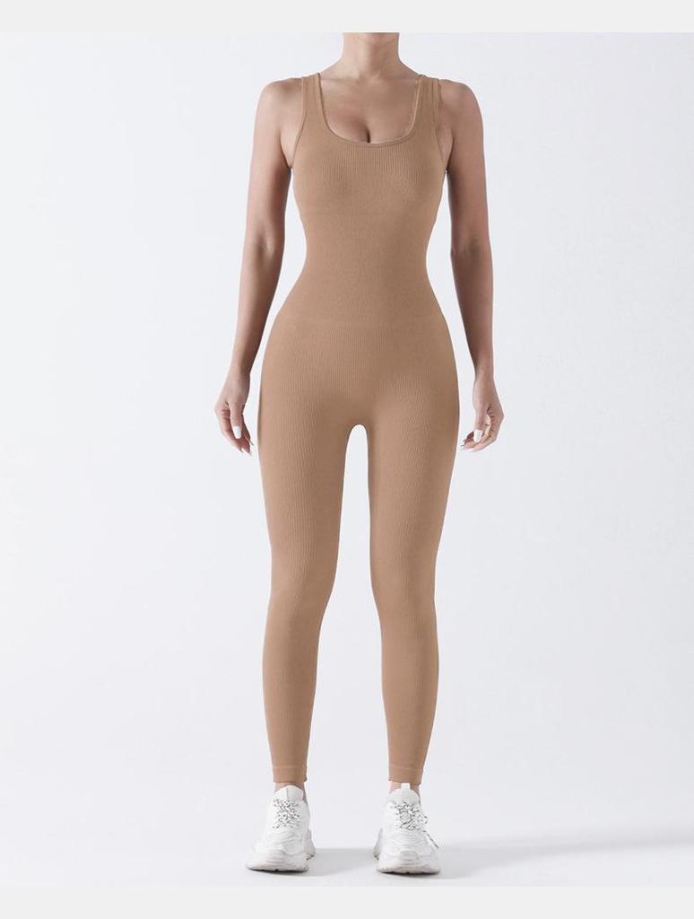 Seamless Ribbed Fitness Jumpsuit with Chest Pad