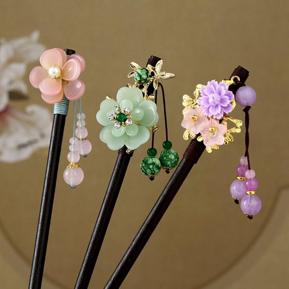 Handmade Flower Hair Sticks Chinese Style Party Hair Bun Decorative Wooden Hairpin for Women Girls