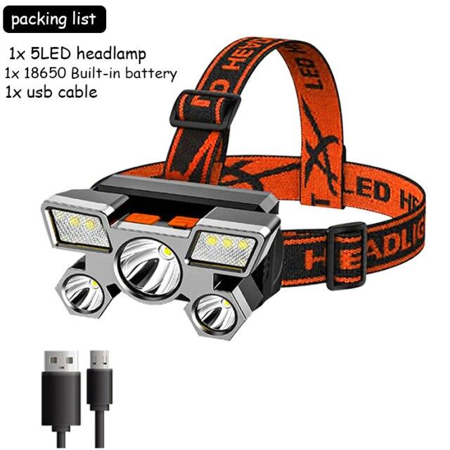 LED Headlamp Strong Light Super Bright Head-Mounted Flashlight Outdoor Rechargeable Night Fishing Headlight 5 Light Sources