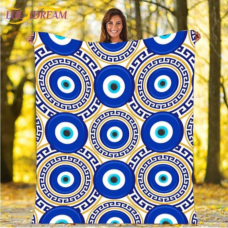 Evil Eye Blanket Turkish Nazar Spiritual Art Blanket Vintage Mid Century Flannel Blanket Sofa Chair Throw Blanket Travel Blanket