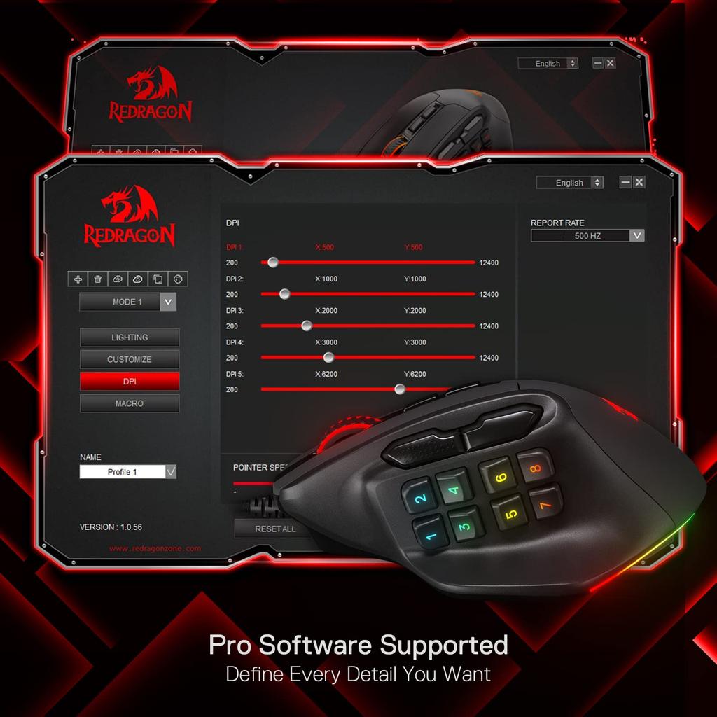 Redragon M811 Aatrox MMO Gaming Mouse 15 Programmable Buttons Wired RGB Gamer Mouse Ergonomic Natural Grip Build 10 Side Macro Keys Software DIY