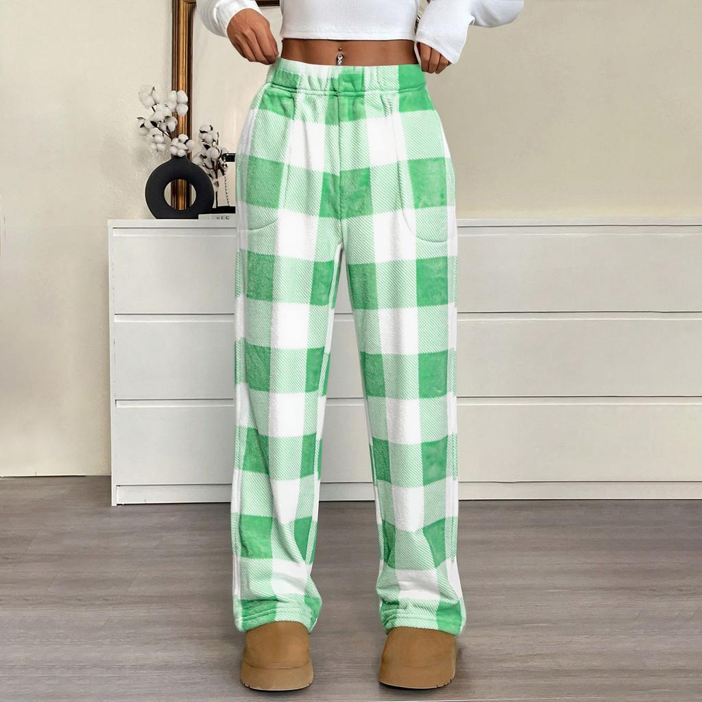 Women Pajama Pants Plush Sleep Pants Soft Elastic Waist Pajama Bottoms Plaid Pants With 2 Pockets