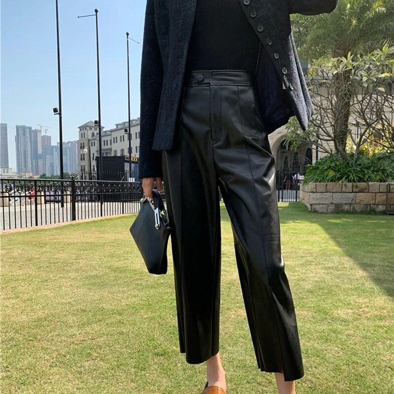 Брюки из натуральной овчины, брюки длиной до икры, женские свободные длинные брюки из натуральной кожи TF5302