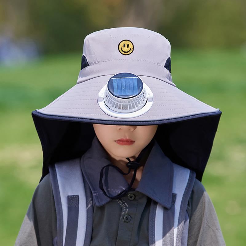 Children's hats summer boys and girls outdoor sun protection hat eaves shawl bucket hat solar fan sun hat