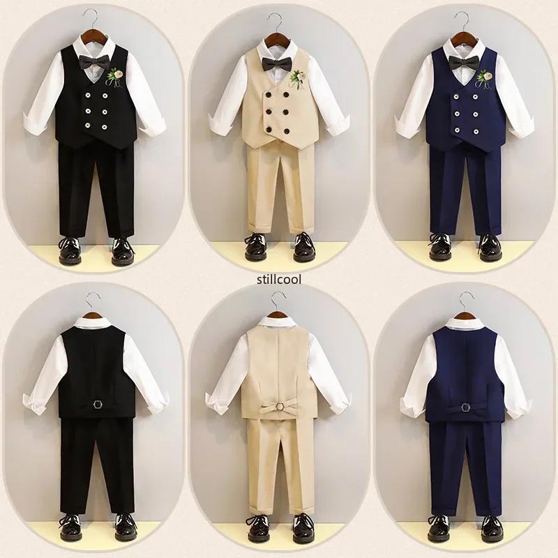 Children Vest Set 2 To 12 Y Flower Boys Wedding Suit Formal School Kids Piano Performance Costume Teens Birthday Evening Tuxedo