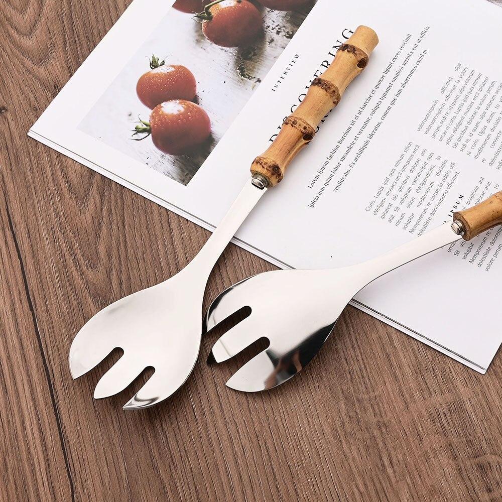 2Pcs Serving Utensils Cutlery 304 Stainless Steel Big Fork and Spoon with Natural Bamboo Handle Food Serving Salad Spork Server Spoon Tableware Set