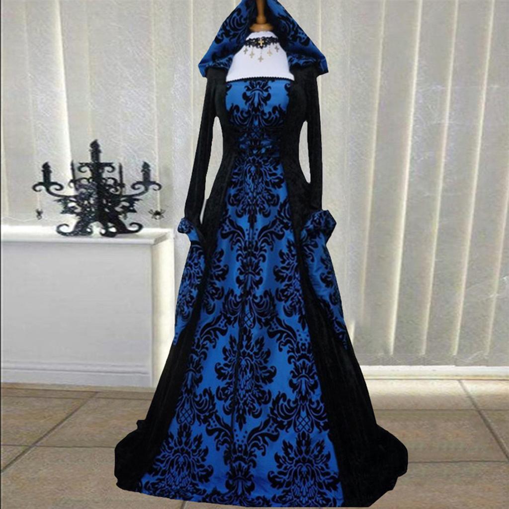 Women Vintage Retro Gothic Long Sleeve Hooded Dress Long Gown Dresses