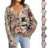 Women's Fashion Long Sleeve Print V-Neck Button Loose Cardigan Top