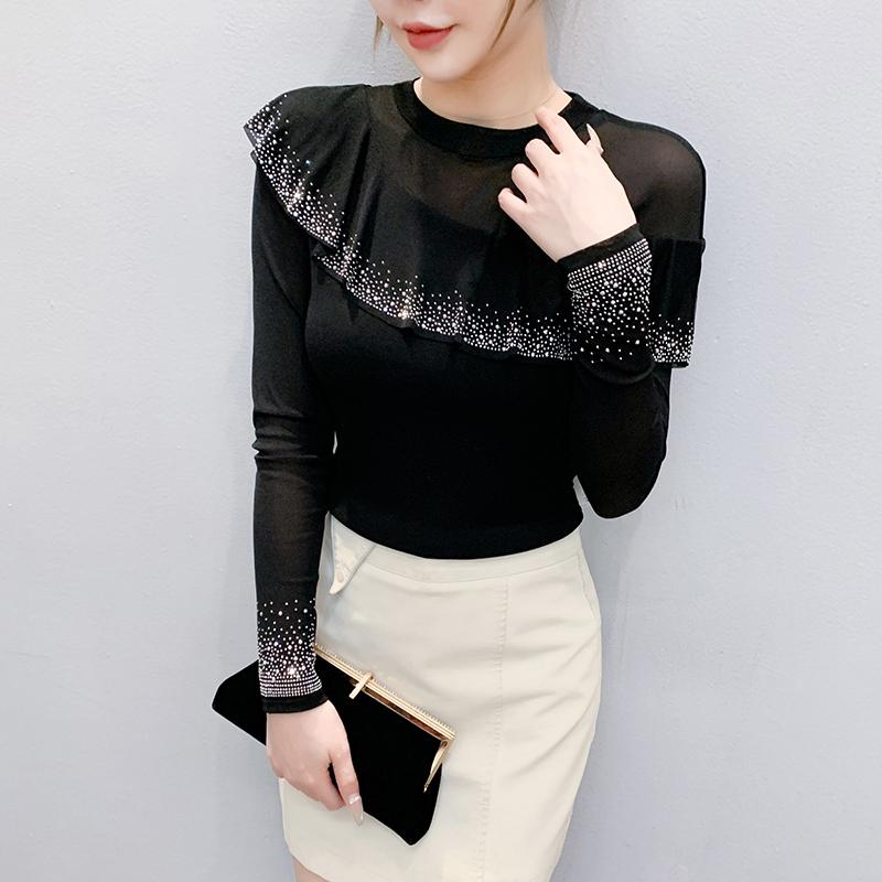 Spring Autumn Women's Ruffles Hotfix Rhinestone T-Shirt Elegant Full Sleeve O-neck Tees Slim Ladies Tops