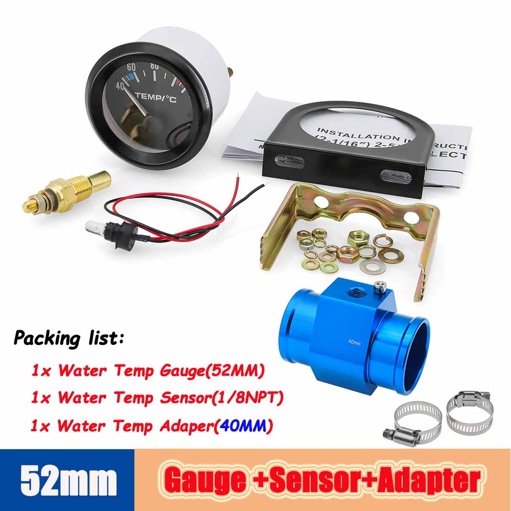 52mm Water Temperature Gauge 40-120 Celsius with Adaptor Joint Pipe Radiator 1/8NPT Sensor Car Racing Water Tank Level Indicator