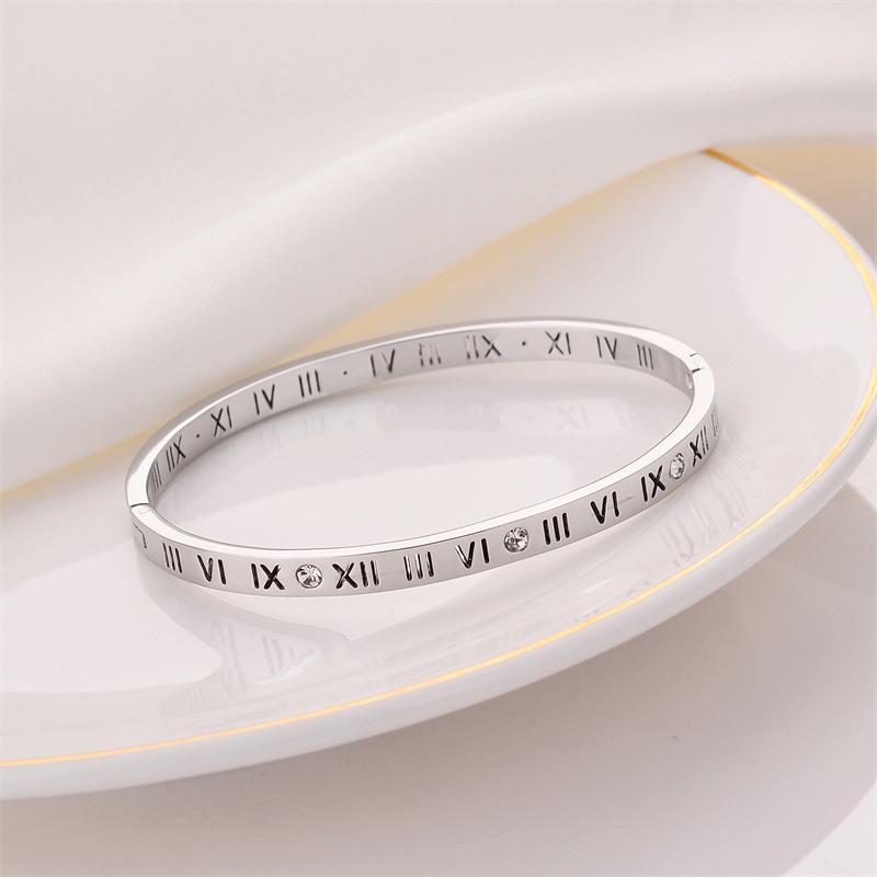 High-End Women's Silver Titanium Steel Zircon Bangle Bracelet