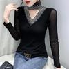 2024 European Autumn/Winter Rhinestone Cutout High Neck Slim Long Sleeve Shirt