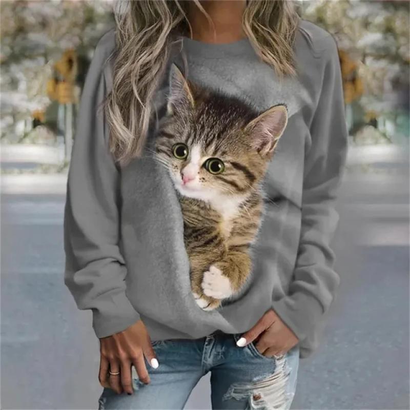 2023 Autumn New Women Round Neck Long Sleeve Fashion Casual Home High Quality Fabric Cute Cat Print Long Sleeve