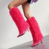 2025 Baby Pink Furry Sexy Knee High Boots Women's Round Toe Leather Thin Heel Red/Black Long Boot Luxury Designer Party Shoes
