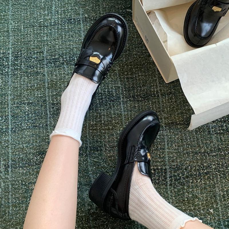 Sheepskin British Round Head Gold Coin Genuine Leather Thick Sole One Pedal Thick Heel Women's Small Leather Shoes