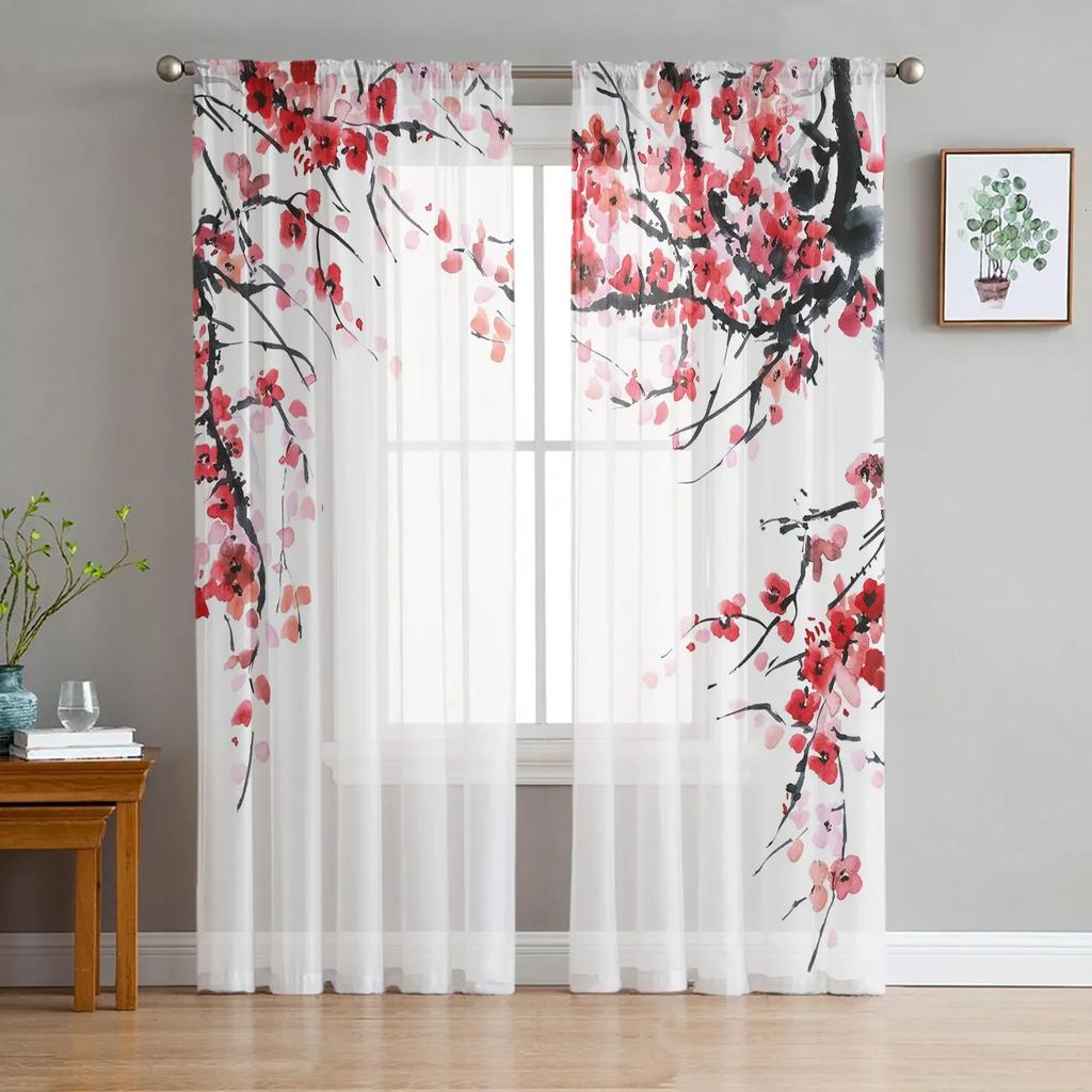 Bamboo Carp Chinese Ink Painting Tulle Curtains For Living Room Bedroom Kitchen Decoration Chiffon Sheer Voile Window Curtains