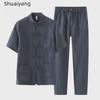 Men's Summer Pure Linen Tang Suit: Chinese-Style Retro Youth Hanfu, Lightweight, Solid Color, Casual Buttoned Design.