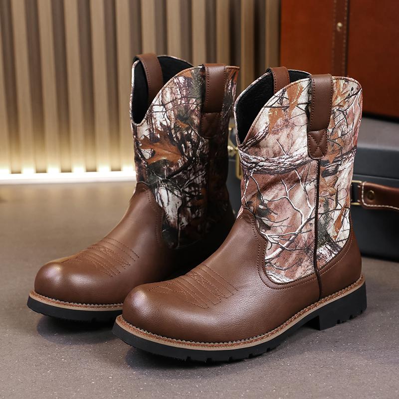 FashionMen Boots Mid Calf Western Motorcycle Boots Male Autumn Outdoor PU Leather Totem Med-Calf Boots Retro Men Shoes Big Size 48