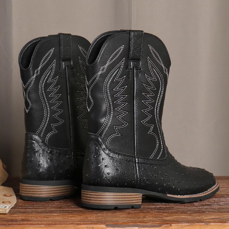 New Boots for Men Classic Embroidery Mid-Calf Leather Boots Retro Western Cowboy Boot Casual High Top Boots Men's Knight Booties