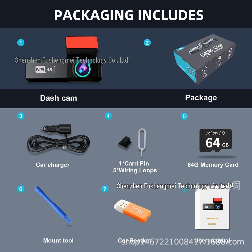 1.47-Inch 4K HD WIFI Dash Cam with GPS, Wireless Dual Lens for Front and Rear Recording