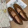 Great To Wear Retro Flat Ballet Single Shoes Women's Square Head Fashion Rivets Rhinestones Word Belt Mary Jane Shoes