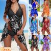 Women's Fashion Sexy Print Bikini Two Piece Halter Asymmetric Hem Swimdress Tankini Set