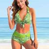 Women's Neck Hanging Swimsuit with Green Plant Print Bikini Short Tank Top Swimsuit