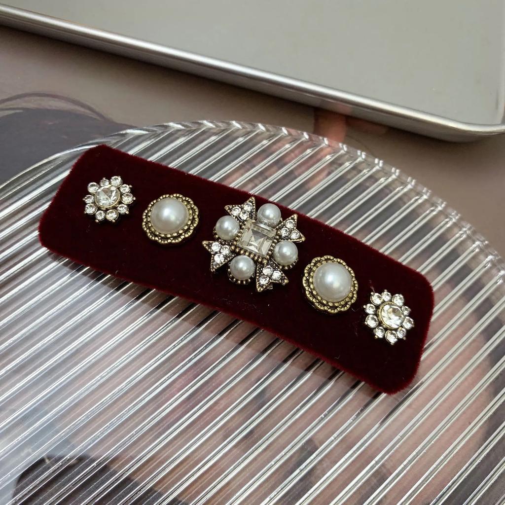 Korean Hair Accessories Heavy Industry Baroque Retro Rhinestone Edge Clip Velvet Bangs BB  Elegant Women's  Headwear