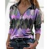Women Fashion Printing Splicing Lapel Long-sleeved Casual T-shirt Loose Clothing Tops