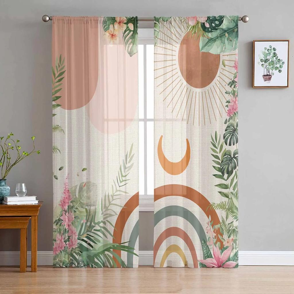 Boho Abstract Leaves Plants Tulle Curtains For Living Room Sheer Curtain For Bedroom Kitchen Blinds Voile Curtains