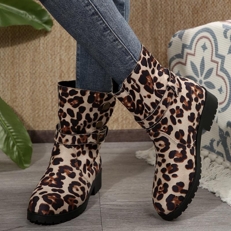 Fashion Women Suede Leopard Ankle Boots Winter Flats Shoes Woman 2025 Trend Fashion Designer New Retro Snow Motorcycle Boots Mujer Botas