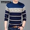 Men Pullover Long-sleeved Warm Sweater Round Neck Striped Pullover Soft and Comfortable Shirt