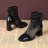 2025 Summer New Women's Mesh Boots Breathable Hollow-Out Ankle Boots Leather Mid Block Heel Fashion Square-Toe Sandal Booties