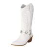 Plus Size 35-48 Retro Punk Embroidered Sewing Western Boots Women Pointy Toe Belt Buckle Metal Chain Chunky Heels Mid-calf Boots