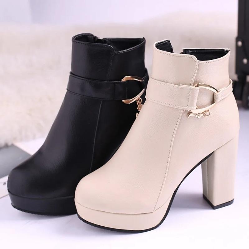 Fashion Fashion Ankle Boots Solid Color Round Head Side Zipper Design Autumn Winter Women's Fashion High Heeled Ankle Boot Size 32-43